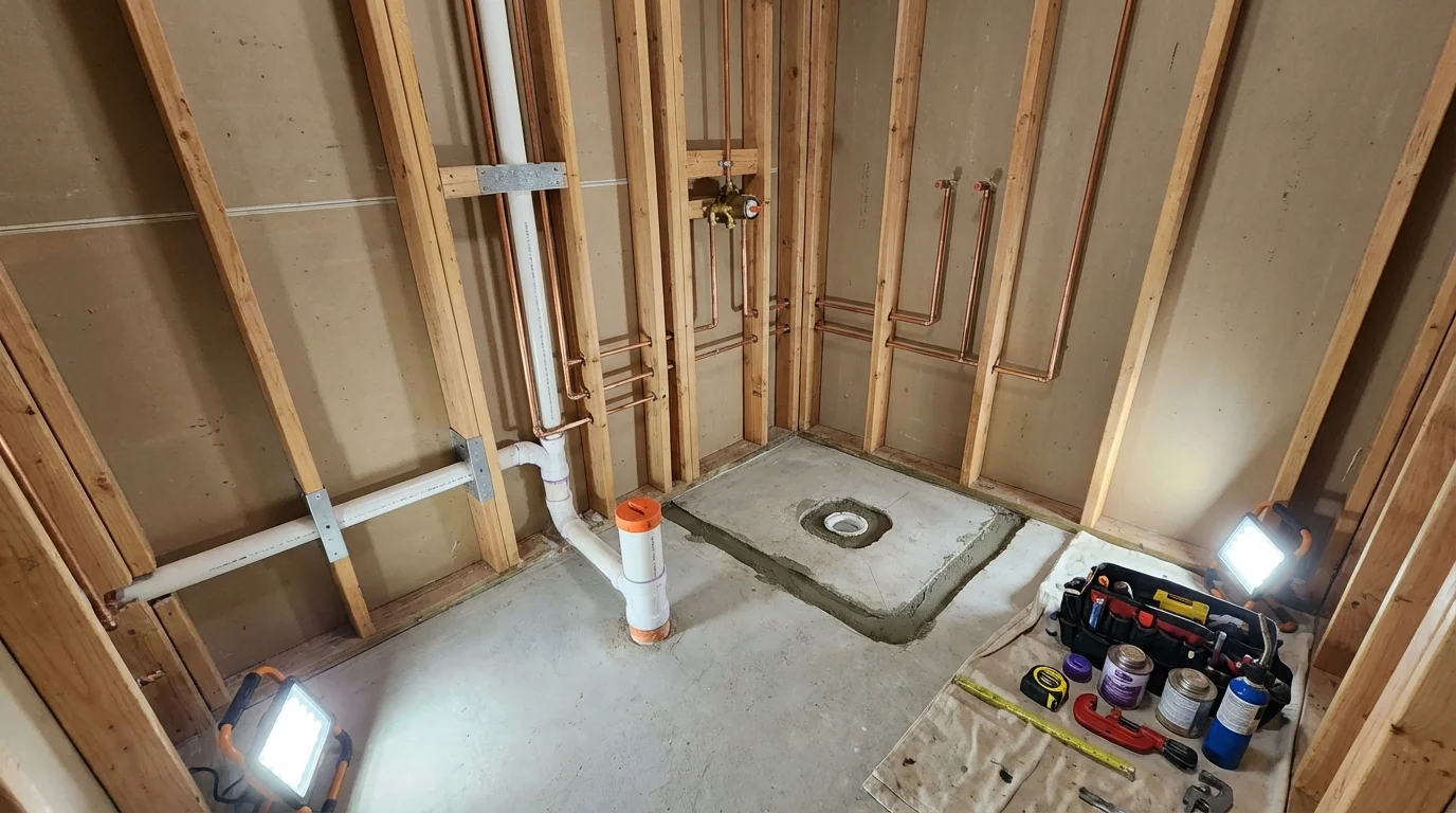 Bathroom rough-in plumbing during remodel by Johns Plumbing LLC in Anchor Point